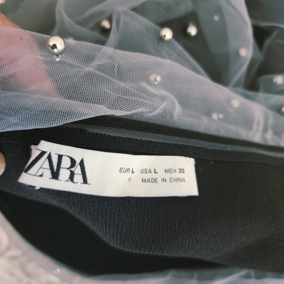 ZARA STRAPPLES TULLE/PEARLS GREY MIDI DRESS WOMENS SIZE LARGE - Picture 3 of 16